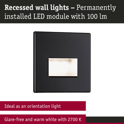 Black recessed LED wall light with glare-free warm white 2700K illumination, perfect as orientation lighting
