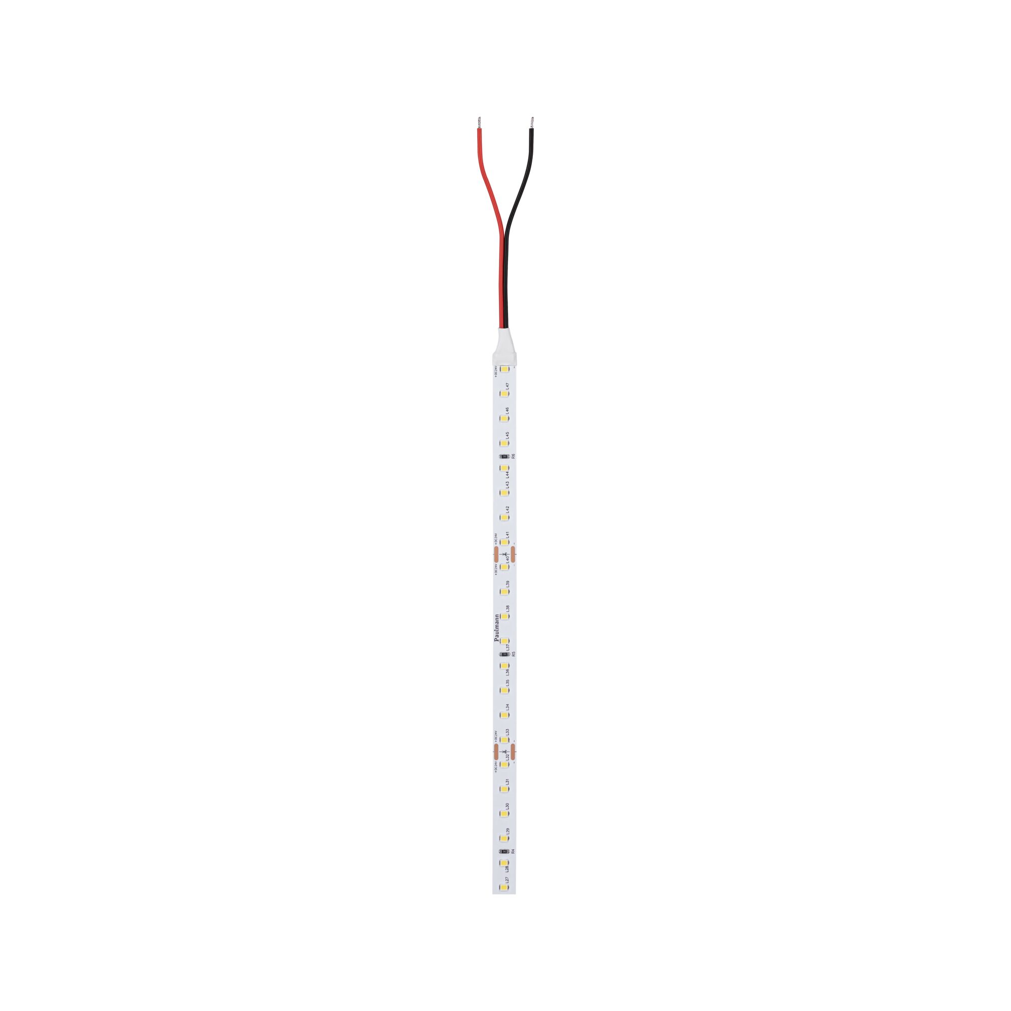 Bande LED blanche fine avec fils rouge et noir pour solutions d'éclairage polyvalentes.