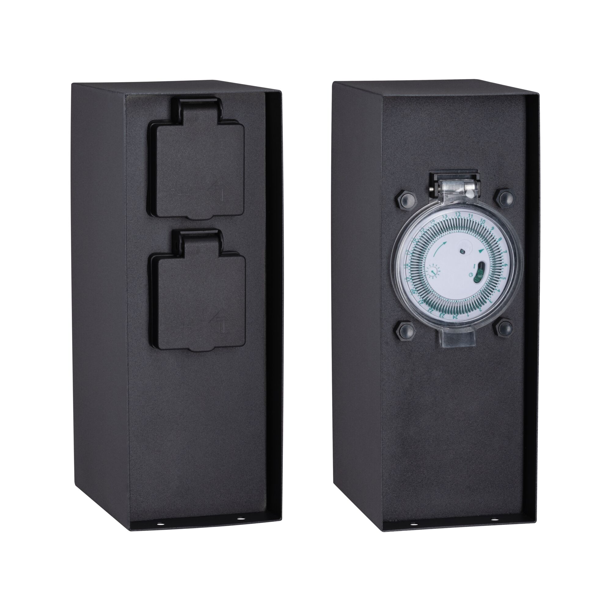 Black metal housing with two sockets and mechanical timer switch for outdoor use