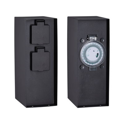 Black metal housing with two sockets and mechanical timer switch for outdoor use