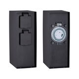 Black metal housing with two sockets and mechanical timer switch for outdoor use