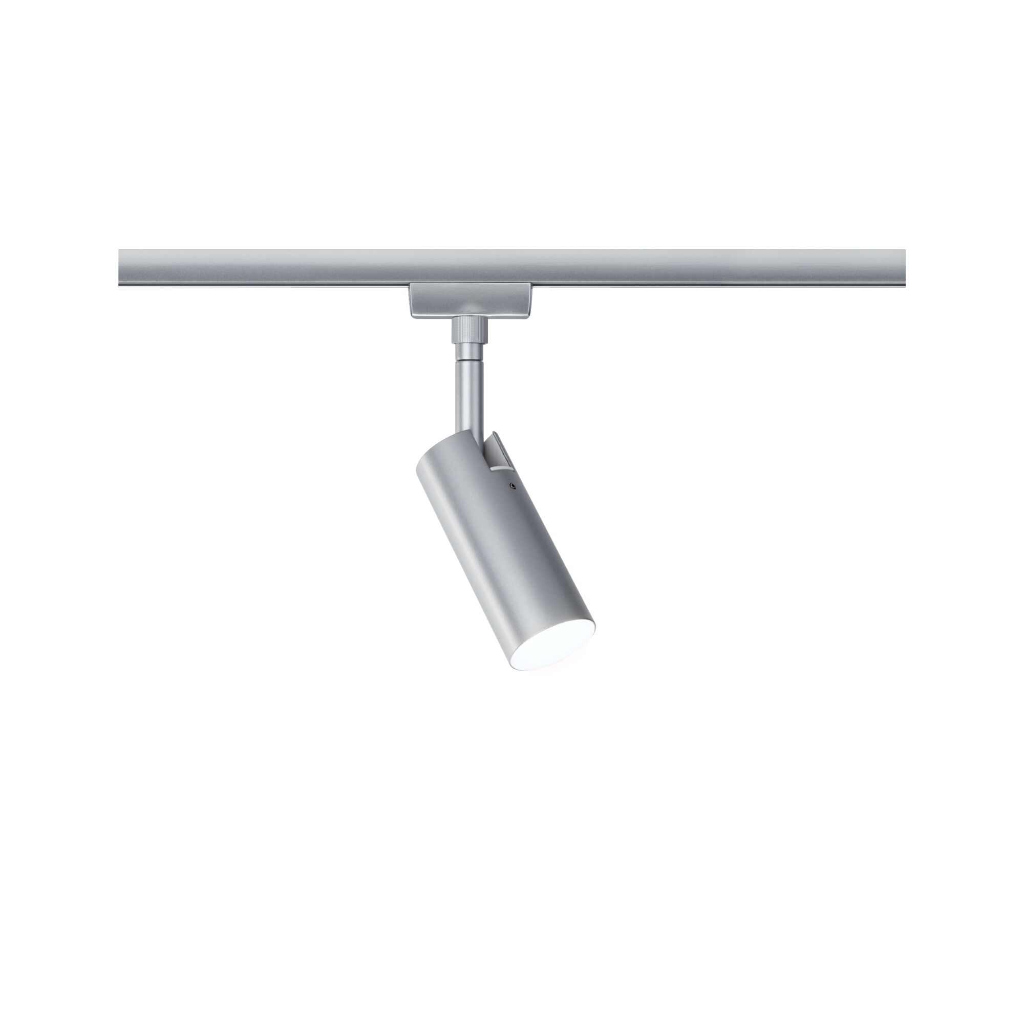 Moderner silberner LED-Strahler aus Metall an Schienensystem für flexible Raumbeleuchtung
