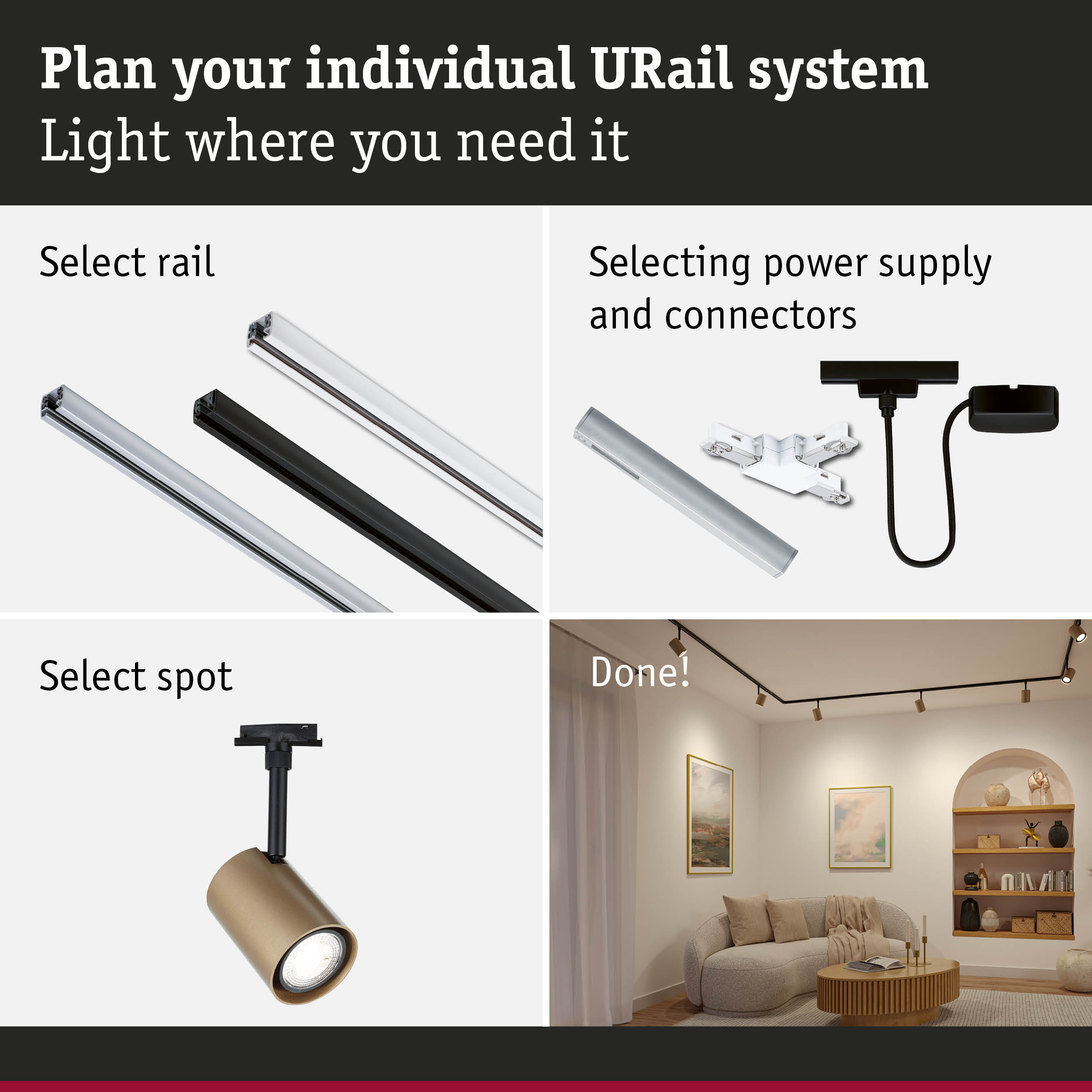 Modular URail track system with black and white rails, connectors, and gold spotlight for home lighting