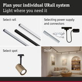 Modular URail track system with black and white rails, connectors, and gold spotlight for home lighting
