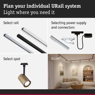 Modular URail track system with black and white rails, connectors, and gold spotlight for home lighting