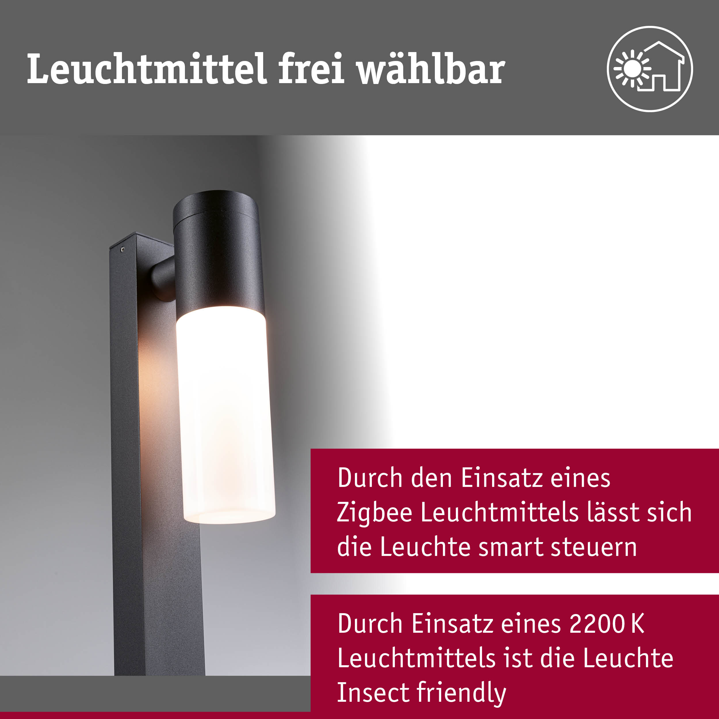 Schwarze Außenwandleuchte aus Metall mit weißem Glas, dimmbar und smart steuerbar, Insektenfreundlich