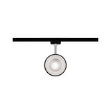 Moderner runder LED-Strahler in Schwarz und Silber an schwarzer Schiene für flexible Raumbeleuchtung