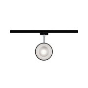 Moderner runder LED-Strahler in Schwarz und Silber an schwarzer Schiene für flexible Raumbeleuchtung