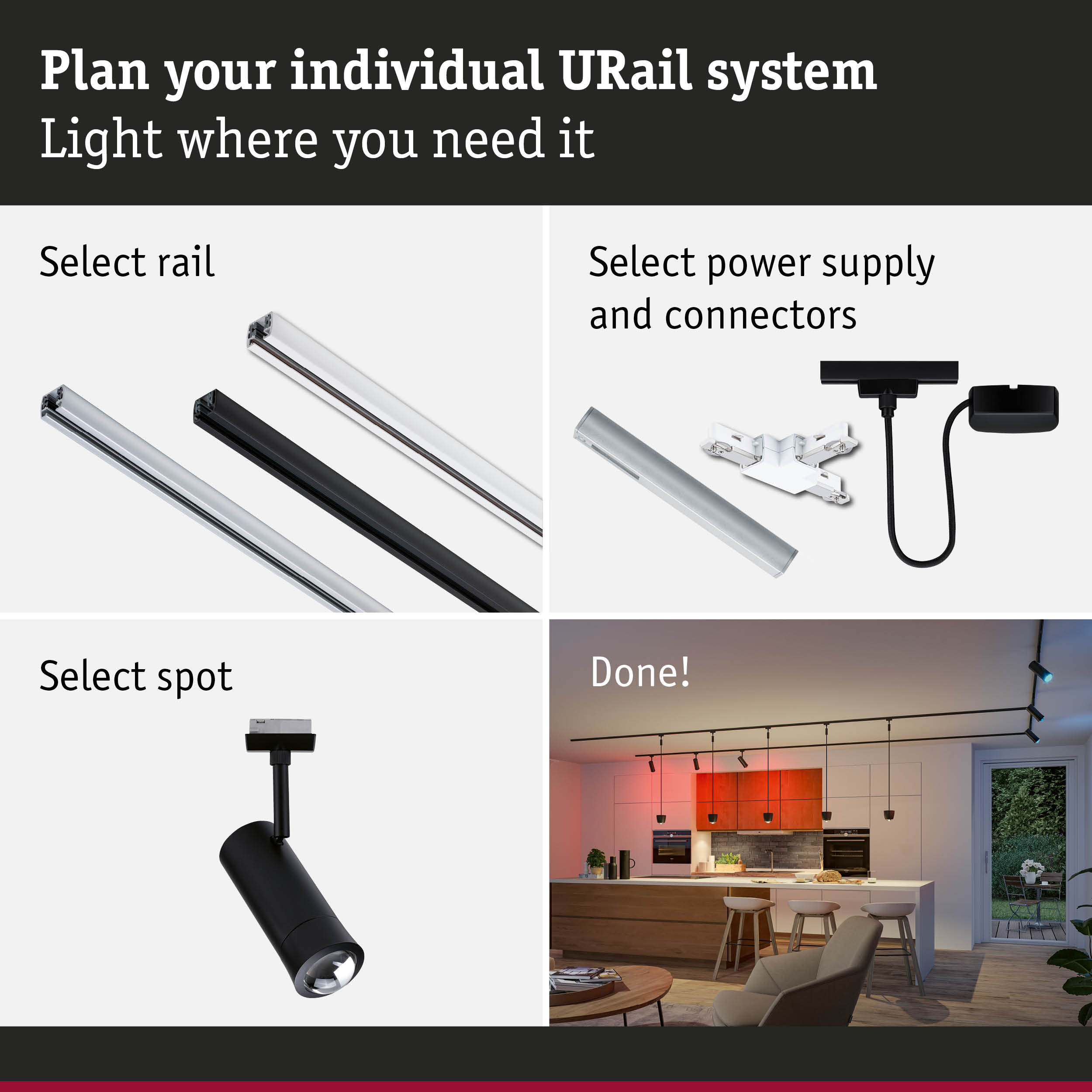 Modular URail track system with black and white aluminium rails, LED spotlights and power supply for flexible lighting