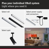 Modular URail track system with black and white aluminium rails, LED spotlights and power supply for flexible lighting