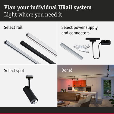Modular URail track system with black and white aluminium rails, LED spotlights and power supply for flexible lighting