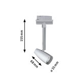 Zilverkleurige metalen LED-spot van 155 mm hoog en 35 mm diameter voor railsystemen