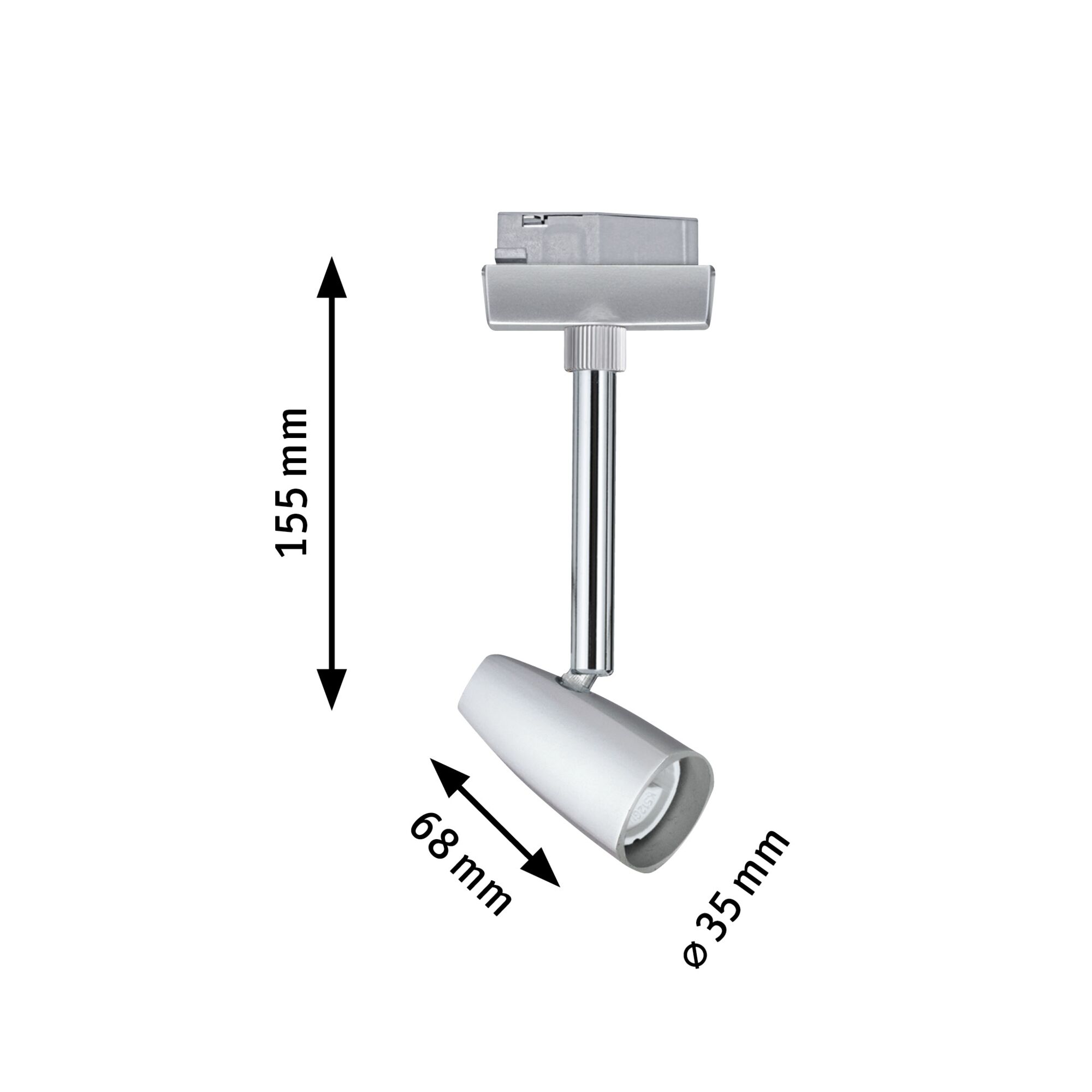 Silberner LED-Strahler aus Metall mit 155 mm Höhe und 35 mm Durchmesser für Schienensysteme
