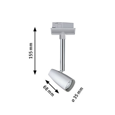 Silberner LED-Strahler aus Metall mit 155 mm Höhe und 35 mm Durchmesser für Schienensysteme