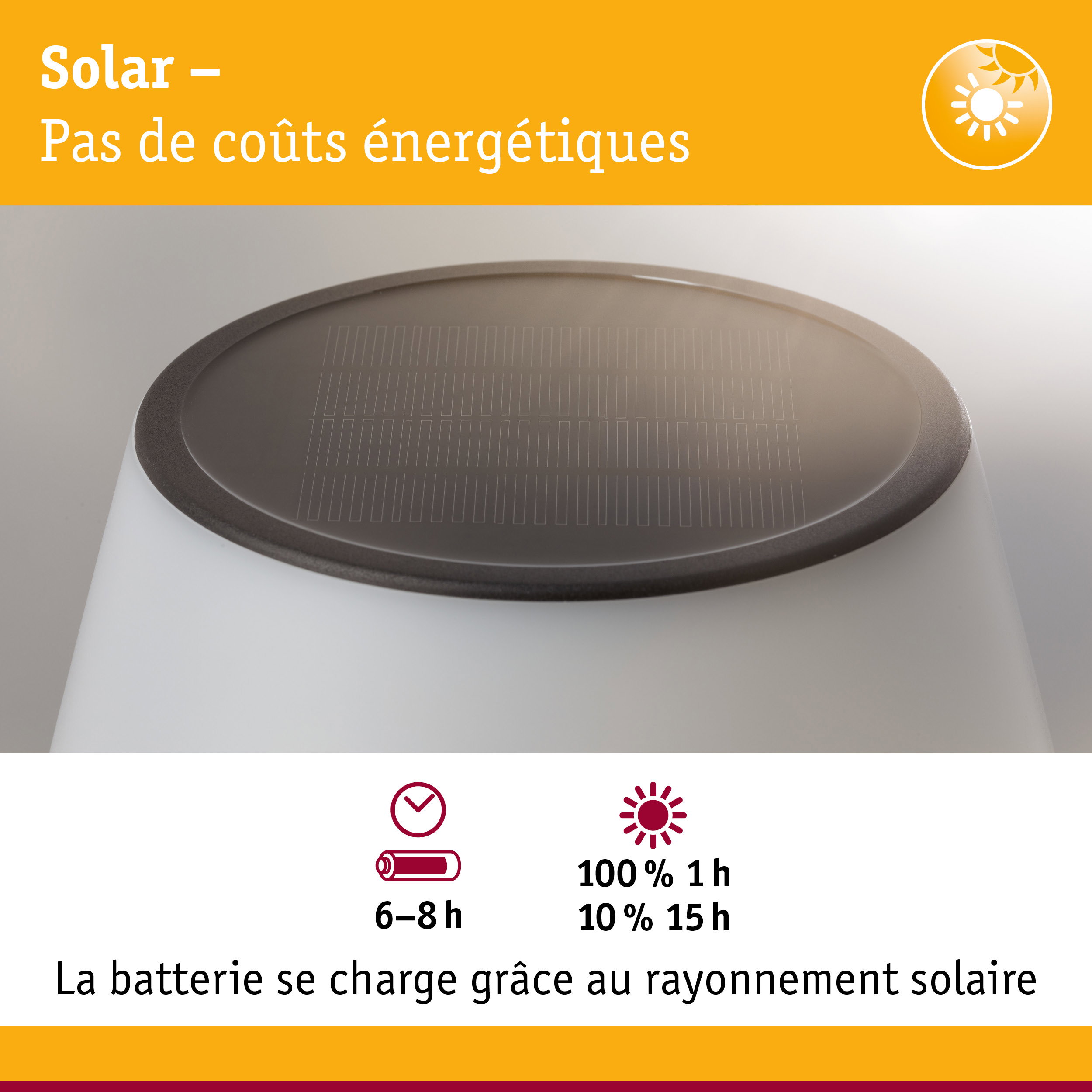 Gros plan d'un appareil solaire blanc avec panneau solaire noir et indications de temps de charge