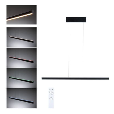 Black LED pendant light with adjustable color temperature and remote control, modern lighting for living spaces