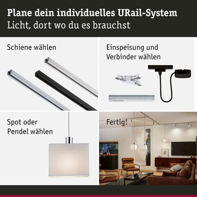 Modulares URail-System mit Schienen, Verbindern und Pendelleuchte in modernem Wohnzimmer mit LED-Beleuchtung