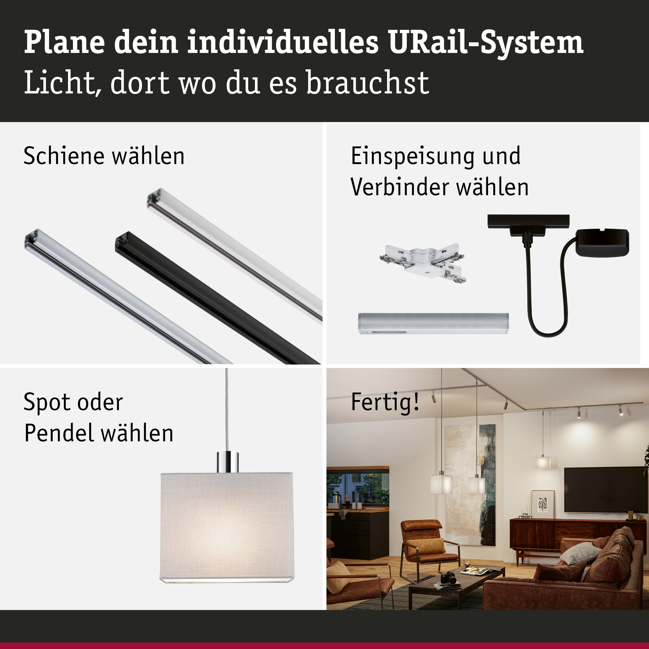 Modulares URail-Schienensystem mit Schienen, Einspeisung, Pendelleuchte und Wohnzimmerbeleuchtung