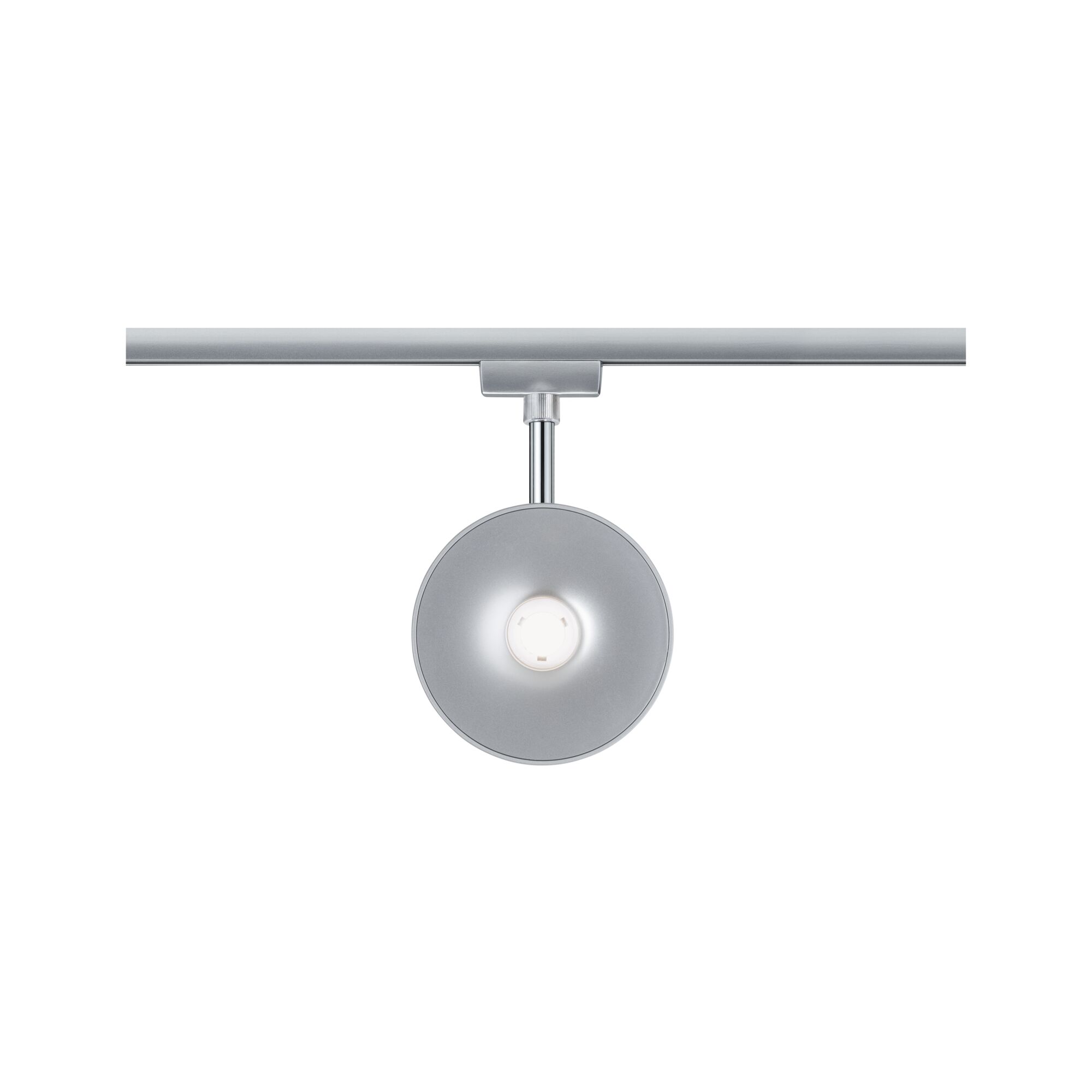 Modern round silver metal LED spotlight for track systems, energy-efficient lighting solution