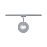 Modern round silver metal LED spotlight for track systems, energy-efficient lighting solution