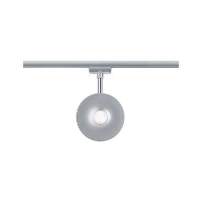 Modern round silver metal LED spotlight for track systems, energy-efficient lighting solution