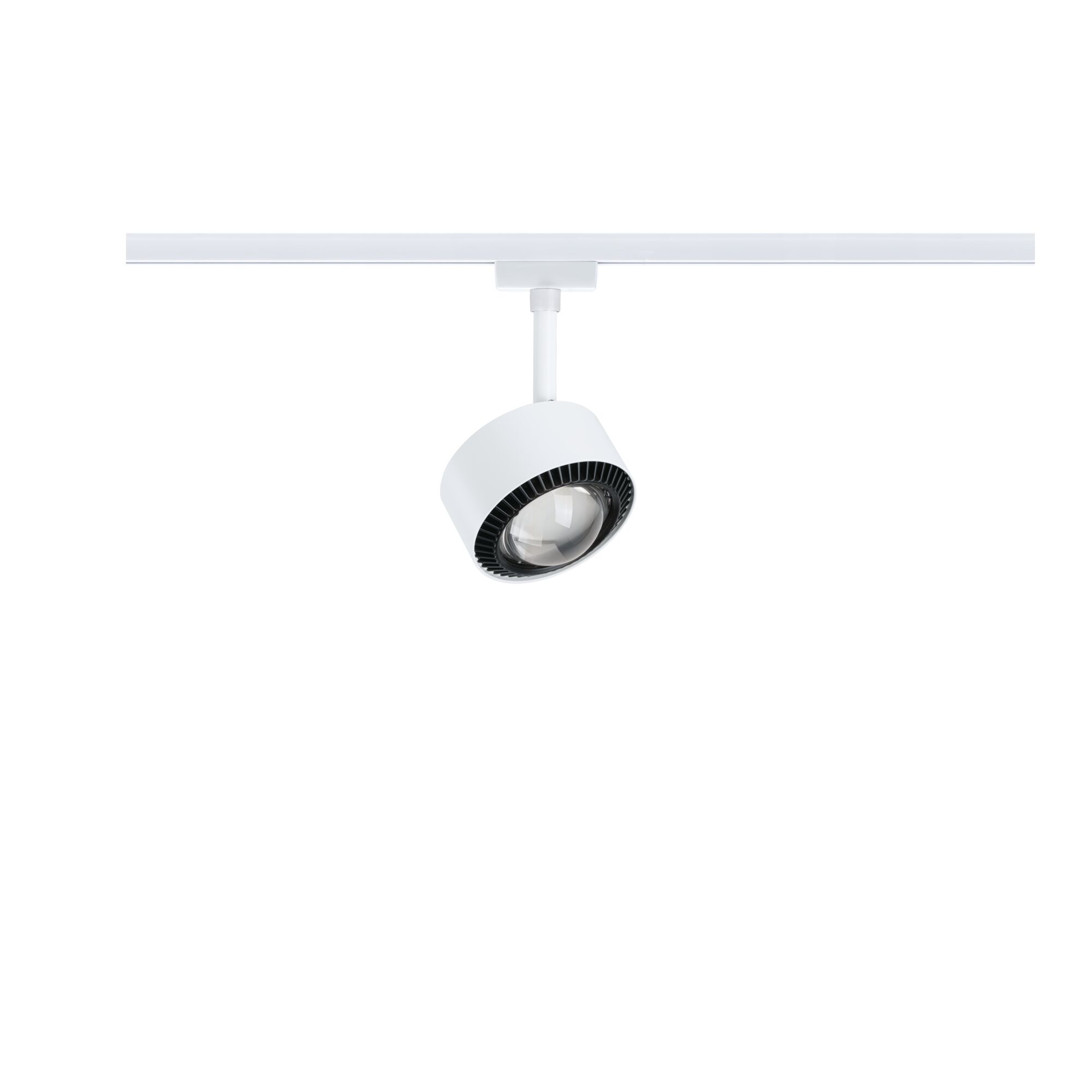 Moderner weißer LED-Strahler mit schwarzem Lüfterring an Schienensystem für flexible Beleuchtung