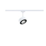 Moderner weißer LED-Strahler mit schwarzem Lüfterring an Schienensystem für flexible Beleuchtung