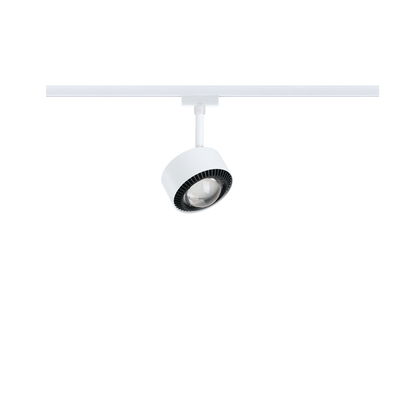 Moderner weißer LED-Strahler mit schwarzem Lüfterring an Schienensystem für flexible Beleuchtung