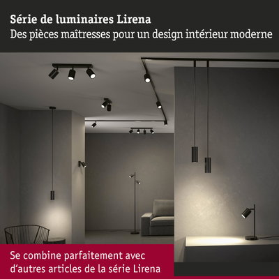Luminaires Lirena noirs modernes LED au plafond et lampadaire dans un salon minimaliste