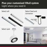 Modular URail rail system with black and white aluminium rails for flexible LED lighting setup