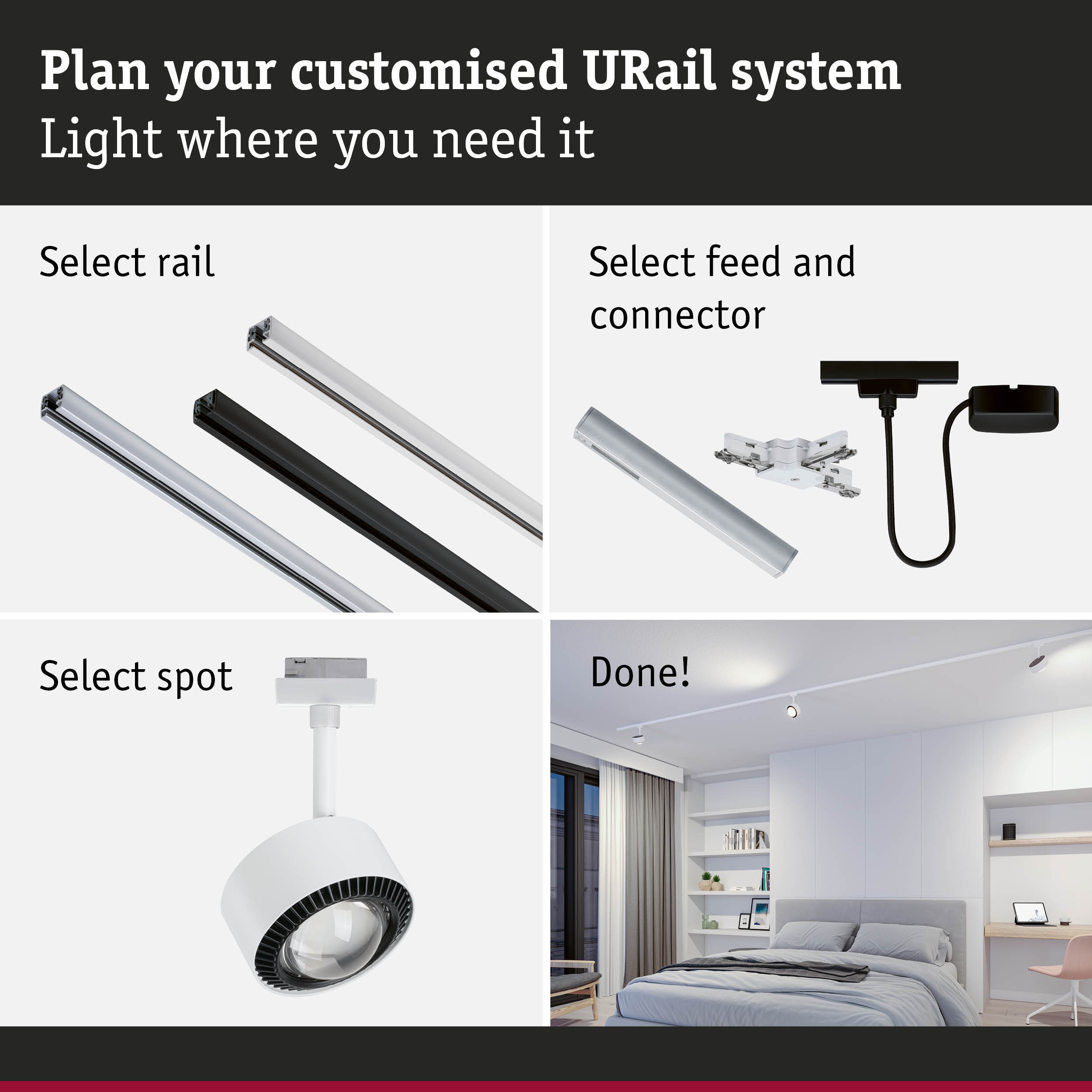Modular URail rail system with black and white aluminium rails for flexible LED lighting setup