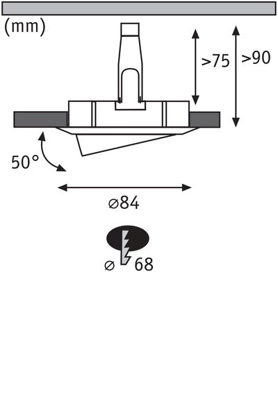 Technische Zeichnung eines Einbaustrahler mit 84 mm Durchmesser und 50° Neigung, Maße in mm
