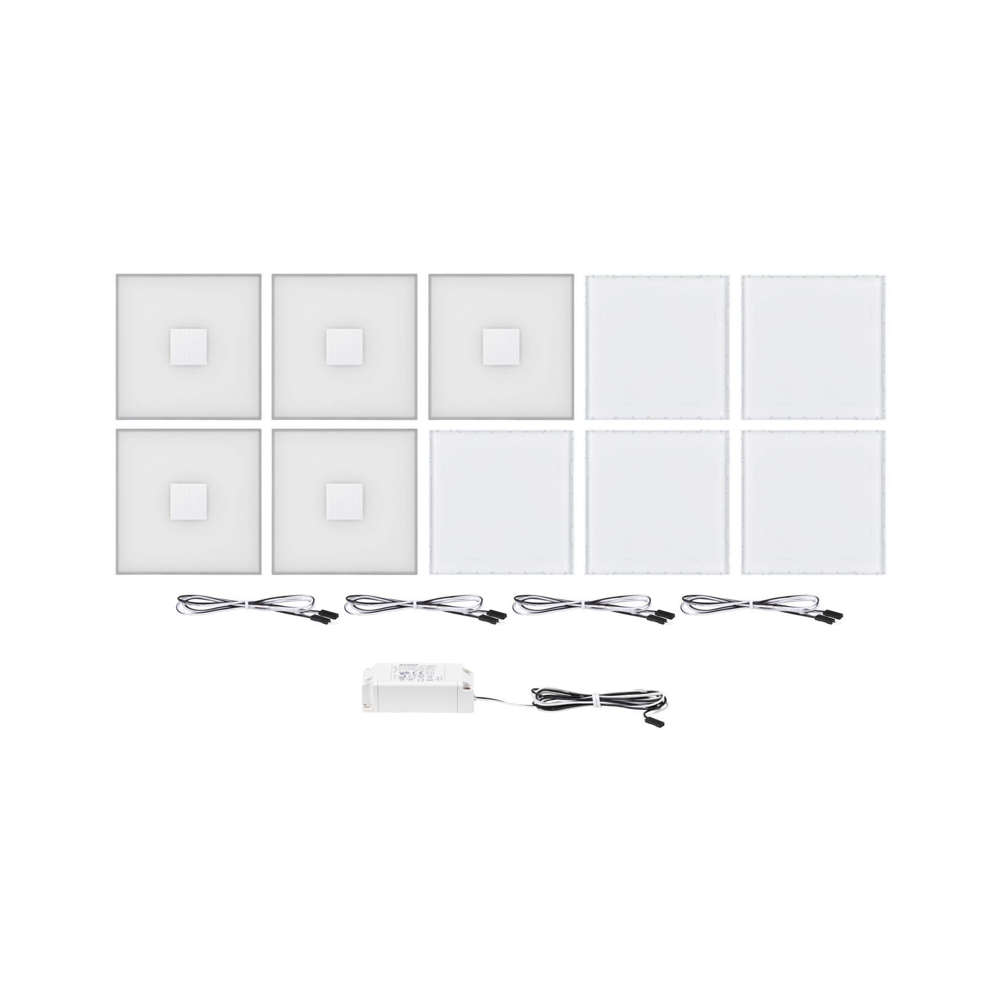 Set of white square LED panels with cables for modern lighting solutions and installations