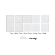 Set of white square LED panels with cables for modern lighting solutions and installations