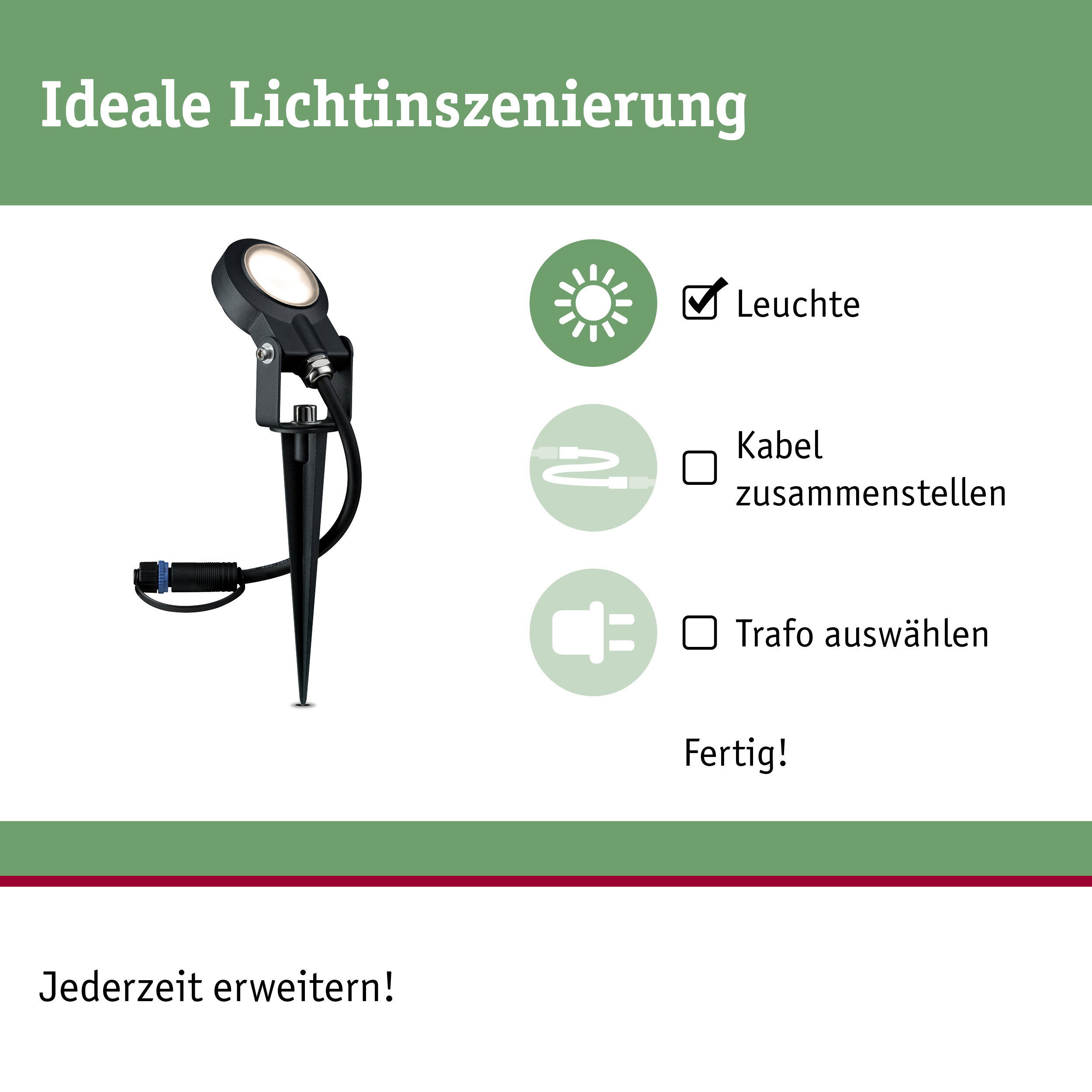 Schwarze LED-Gartenleuchte mit Erdspieß und Kabelanschluss für Außenbeleuchtung und Lichtgestaltung