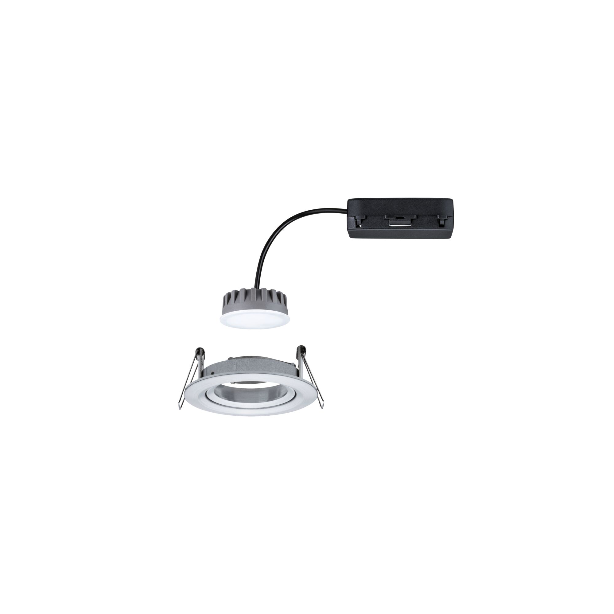 Rundes LED-Einbaustrahler-Gehäuse aus Aluminium in Silber mit schwarzem Anschlusskabel