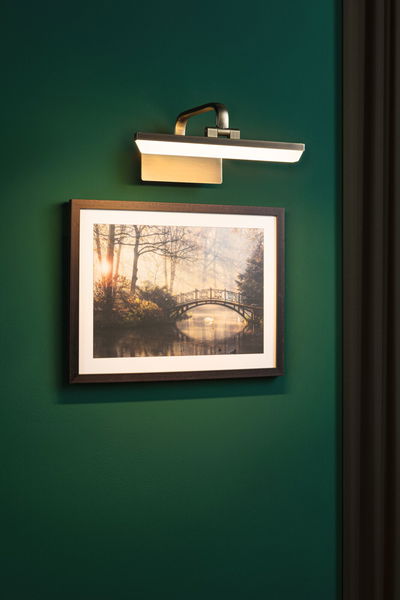 Wall lamp in brushed metal with warm white LED light above framed nature photo on green wall