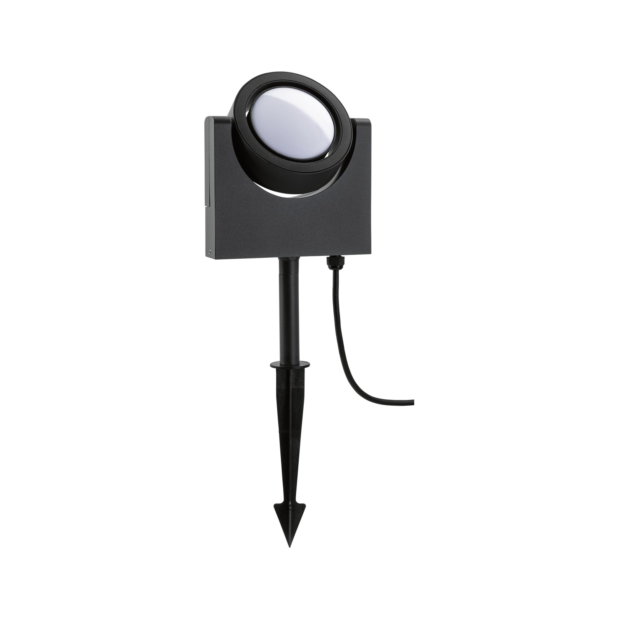 Black LED garden spotlight with plastic ground spike for outdoor lighting and accent illumination