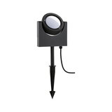 Black LED garden spotlight with plastic ground spike for outdoor lighting and accent illumination