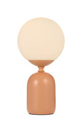 Lampe de table moderne avec abat-jour en verre dépoli rond et base en métal terracotta mate pour intérieur