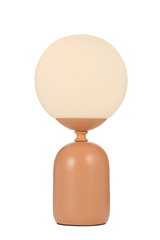 Modern table lamp with round frosted glass shade and matte terracotta metal base for living spaces