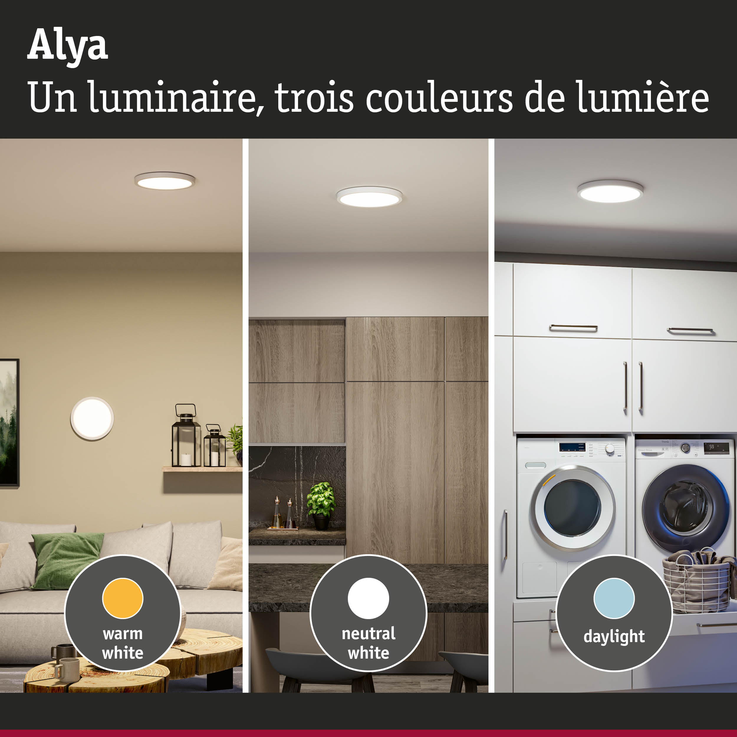Plafonnier Alya avec trois couleurs de lumière blanc chaud, blanc neutre et lumière du jour pour pièces