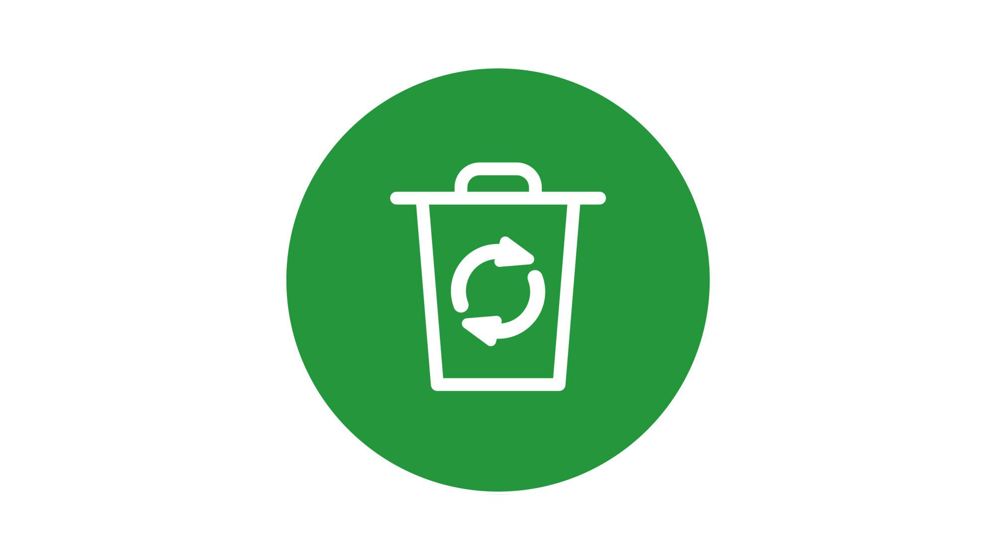 Grünes Symbol mit weißem Mülleimer und Recyclingpfeilen für Abfallreduzierung und Nachhaltigkeit