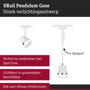 Witte URail Pendulum Cone LED-spot met chromen ring en kabel voor flexibele verlichting