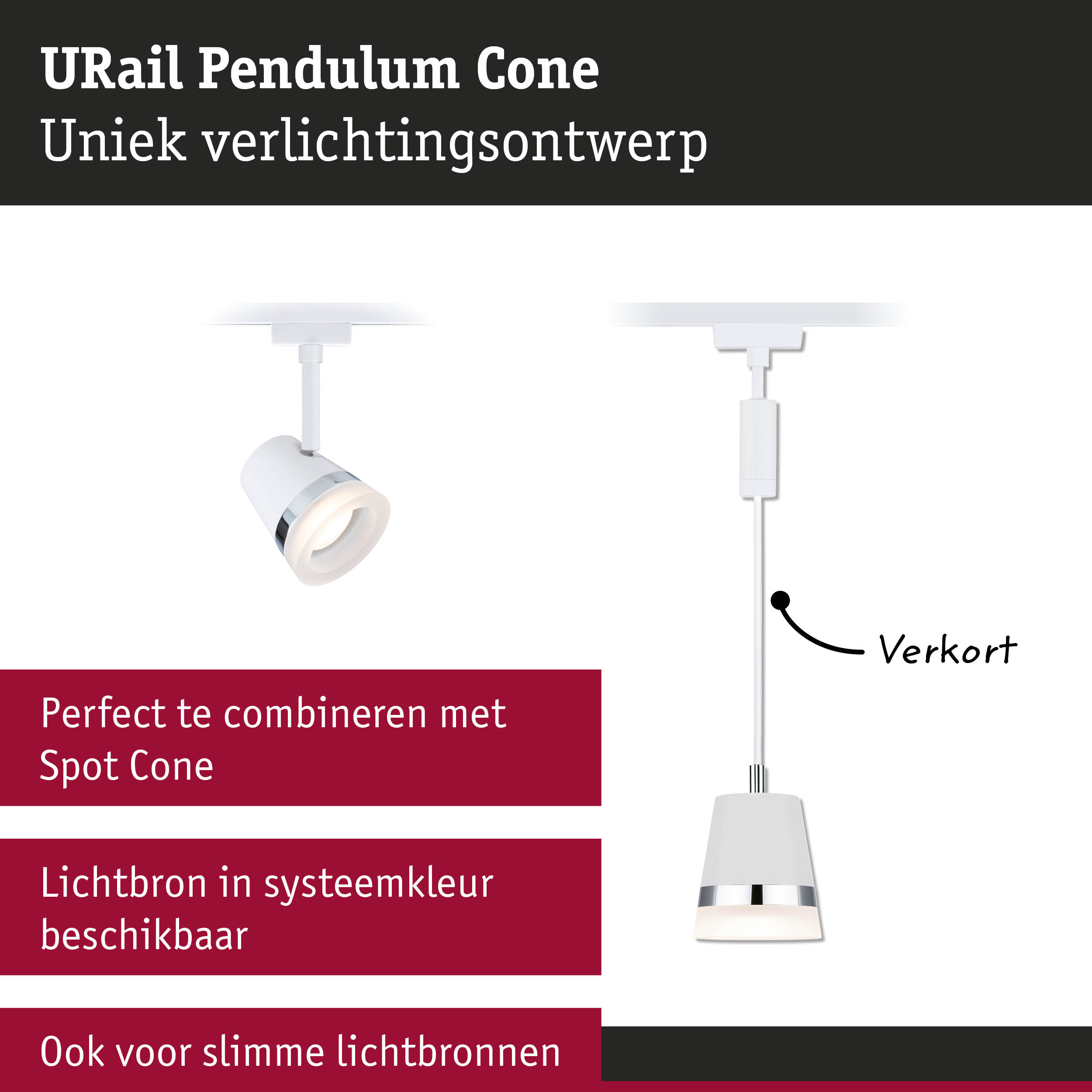 Witte URail Pendulum Cone LED-spot met chromen ring en kabel voor flexibele verlichting
