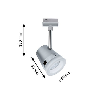 Moderne zilverkleurige metalen LED-spot van 180 mm hoog en 85 mm diameter voor railsystemen