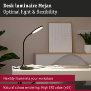 Black Mejan desk lamp with flexible arm and high CRI for natural colour rendering and optimal light