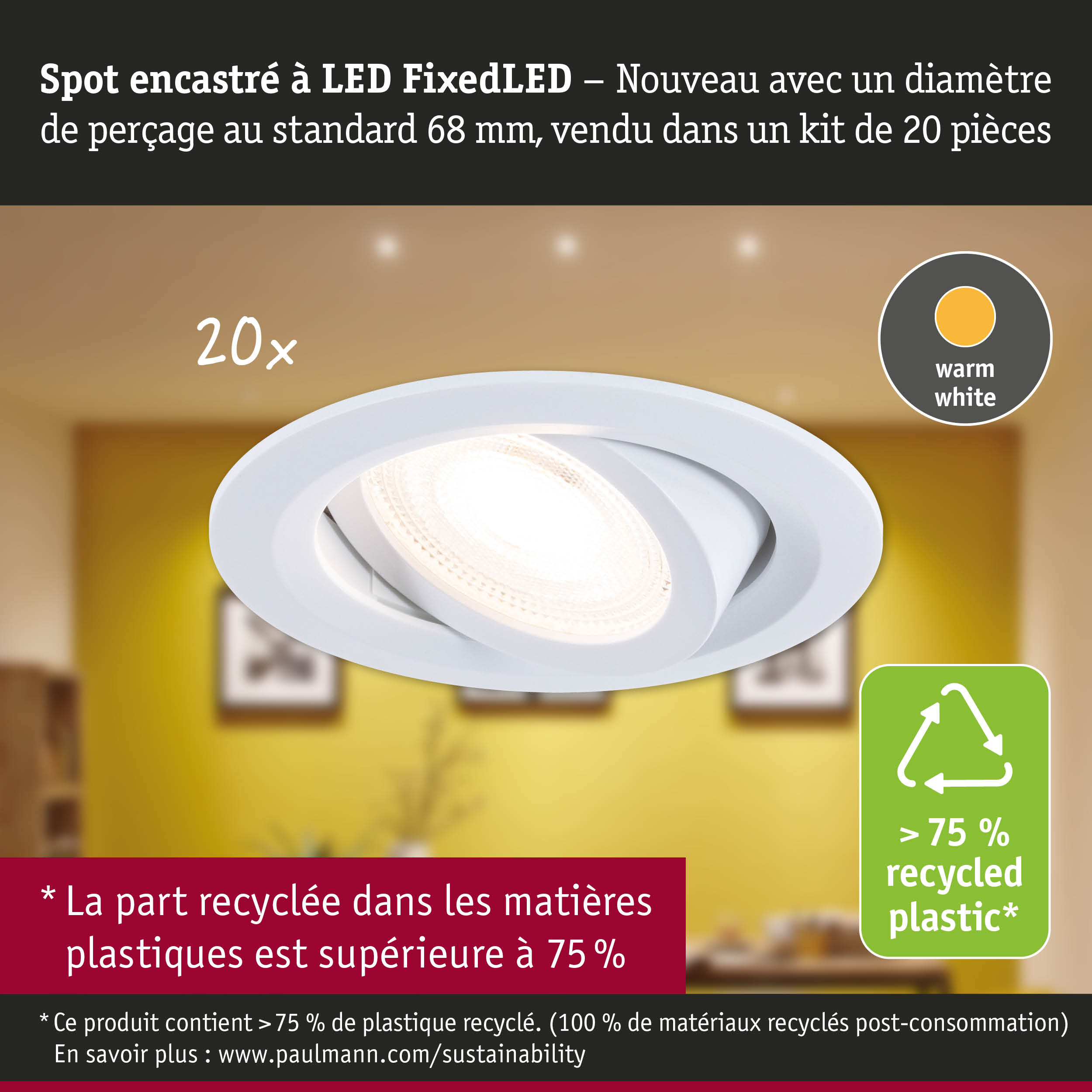 Spot encastré LED blanc avec lumière blanc chaud et plus de 75 % de plastique recyclé pour un éclairage durable