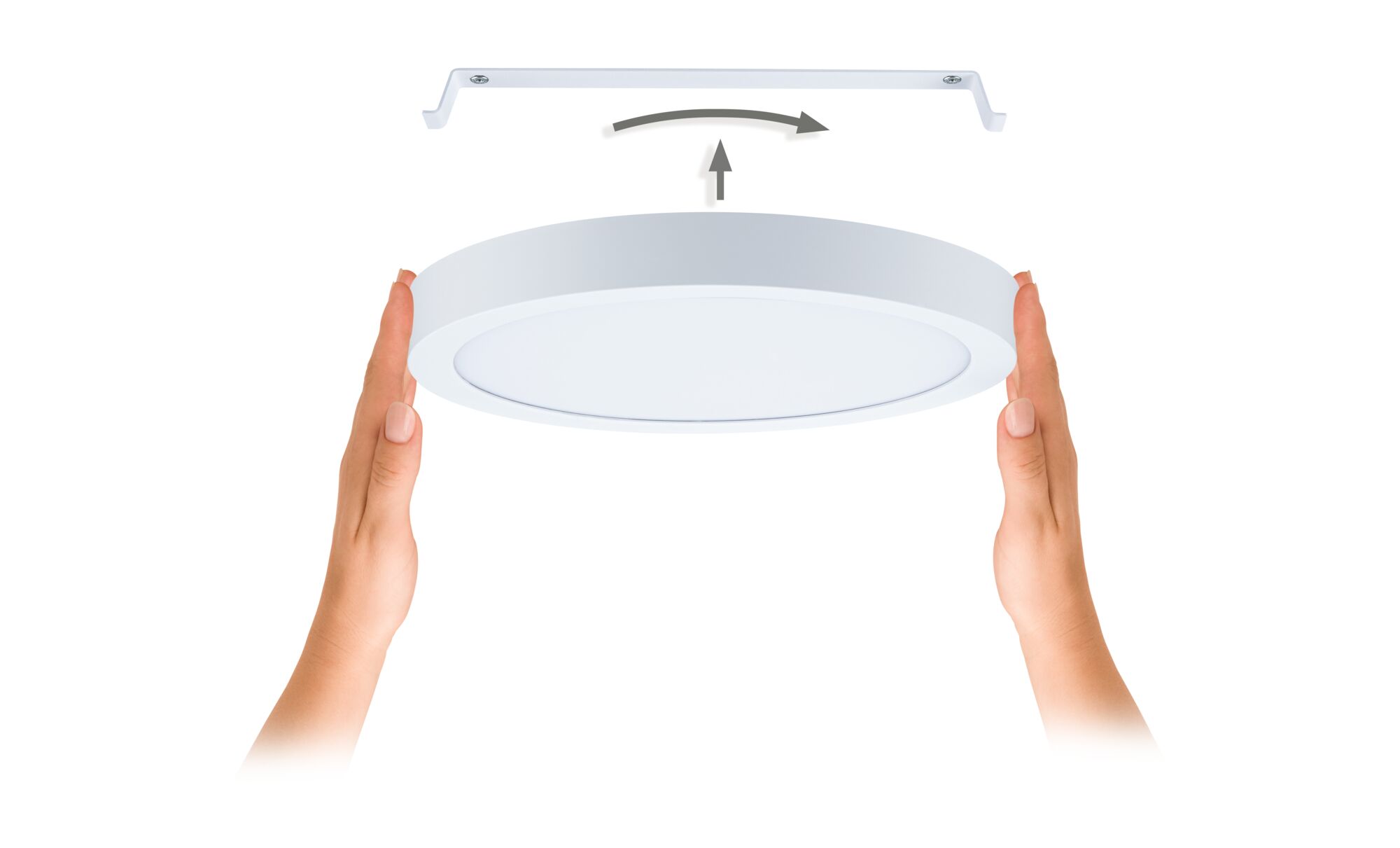 White round LED ceiling light made of plastic with mounting bracket and hand installation guide