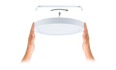 White round LED ceiling light made of plastic with mounting bracket and hand installation guide